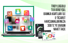 TROY Logolu TEB Bireysel Banka Kartları ile E-Ticaret Harcamalarınıza Toplam 300 TL Nakit İade!